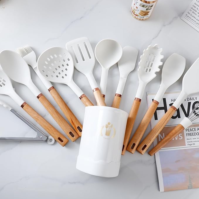 13-Piece silicone utensil set wood handle nonstick cookware safe dishwasher safe kitchen tools BPA free heat resistant (450°F/230°C) ceramic pan safe cooking gifts housewarming (White)-HomvellaHome