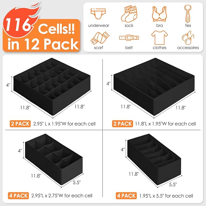12 Pack Drawer Organizers, 116 Compartments Fabric Foldable Dresser Drawer Organizers for Clothing, Closet Organizers and Storage Bins for Clothes, Christmas Ornament Storage Boxes with Dividers-HomvellaHome
