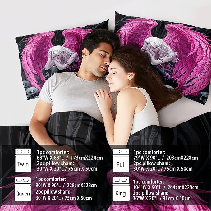 Gothic Skull Comforter Set King for Adults,Angel Wings Bedding Set Pink for Girls,Sexy Angel Comforter Bedroom Decor Teen,Gothic Skull Bedding Decor Pink Wings Quilt-HomvellaHome