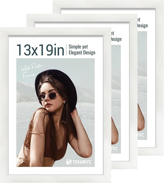 13x19 Picture Frame 3 pk, Textured White Solid Wood Poster Frame, HD Tempered Glass, Wall Gallery Frame-HomvellaHome