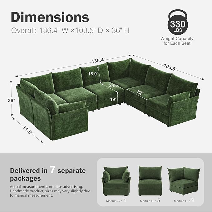 136.4" Oversized Modular Sectional Sofa, U Shaped Convertible Couch with Movable Ottoman, Large 7 Seat Corner Couches for Living Room Deep Seat Green Chenille-HomvellaHome