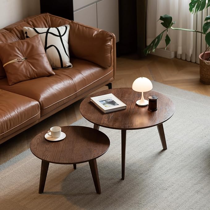 100% Solid Oak Wood Coffee Table Set, Round Coffee Table Combo Side Table w/Solid Wood Legs, Mid Century Table Sturdy Tables for Bedroom Balcony Living Room (Walnut, Big-Medium Combo)-HomvellaHome