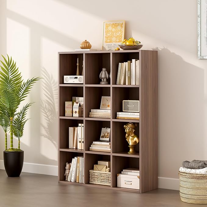 12-Cube Storage Shelf Bookcase - Wooden 3-Tier Floor Standing Open Bookshelf for Home and Office, Cuby Orgainzer, Walnut-HomvellaHome