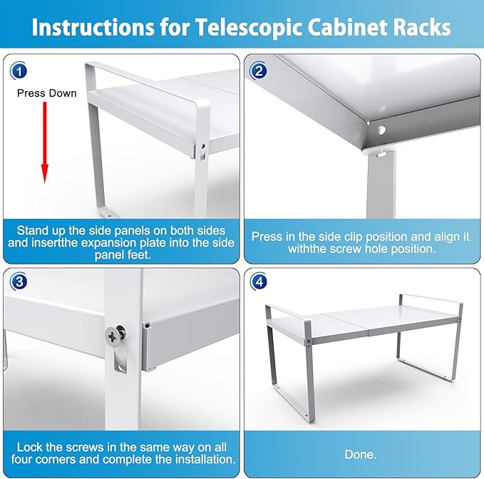 11'' Wide Expandable Cabinet Shelf Organizer Rack Adjustable Length 14''-26'' Pantry Shelf Spice Rack Heavy Duty Nonslip Kitchen Counter Storage Shelves Pantry Cupboard Under Sink Countertop White-HomvellaHome