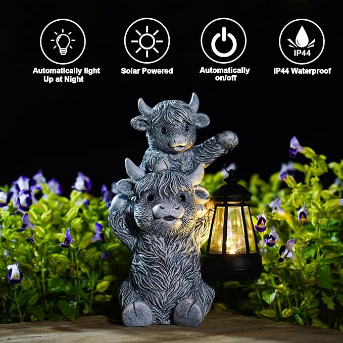 Goodeco 9.5 Inch Highland Cow with Solar Lantern – Resin Garden Decor, Outdoor Statue & Unique Highland Cow Gifts (Gray)-HomvellaHome