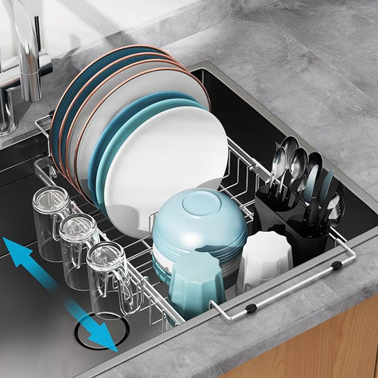 GSlife Expandable in Sink Dish Drying Rack - Capacity Adjustable Stainless Steel Over The Sink Dish Drainer with 2 Cup Holder and Utensil Holder for Kitchen Sink, 10.8"~17.9" L x 14.2" W, Silver-HomvellaHome