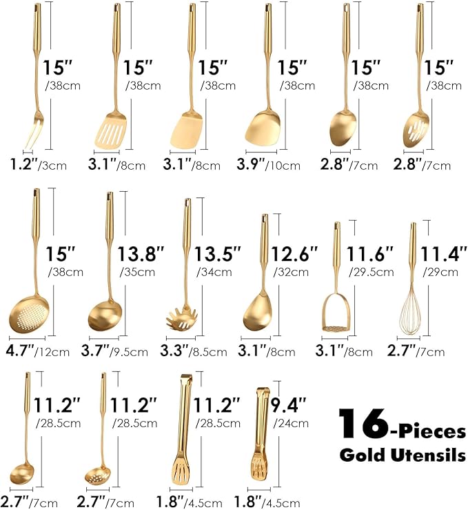 Gold Cooking Utensils Set - 18/10 Stainless Steel Large and Small Spoons Set, 16 PCS All Metal Kitchen Tools, Serving Utensils - Whisk, Masher, Fork, Tongs, Spatula, Ladle, Skimmer, Turner, Pasta-HomvellaHome