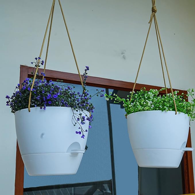10 Inch Self Watering Hanging Pots, 2 Pack Hanging Planters with 40oZ Deep Reservior for Indoor Outdoor Plants Flowers, White-HomvellaHome