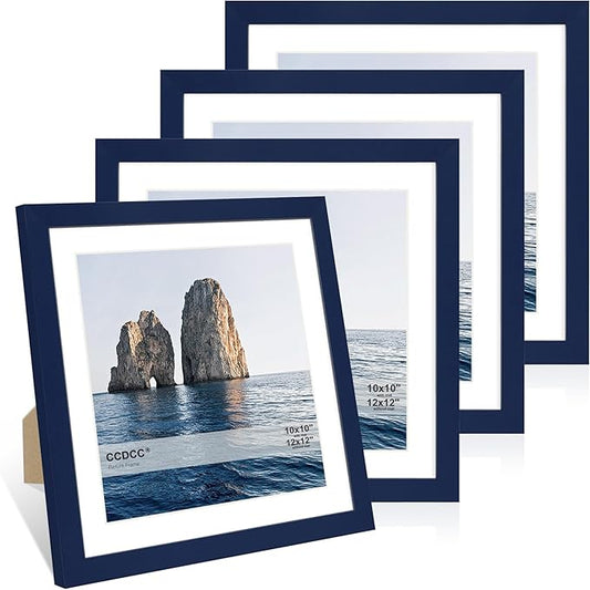 12x12 Picture Frame Set of 4, 12 x 12 Wood Photo Frames with Mat for 10x10 or 30x30cm Diamond Painting Art, Wooden Frame with Real Glass Cover for Wall and Tabletop Display,Blue-HomvellaHome