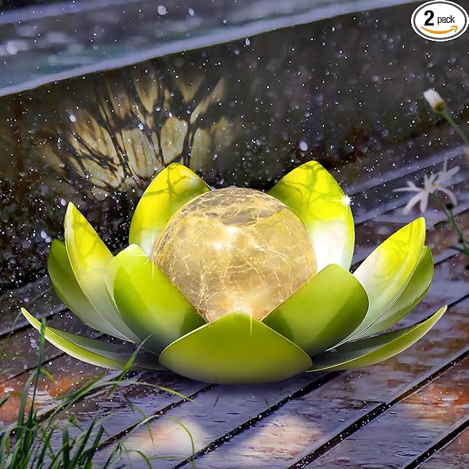 Garden Solar Light Outdoor(2Pack),Crackle Globe Glass Lotus Decoration, Waterproof Metal LED Flower Lights for Patio,Lawn,Walkway,Tabletop,Ground-HomvellaHome