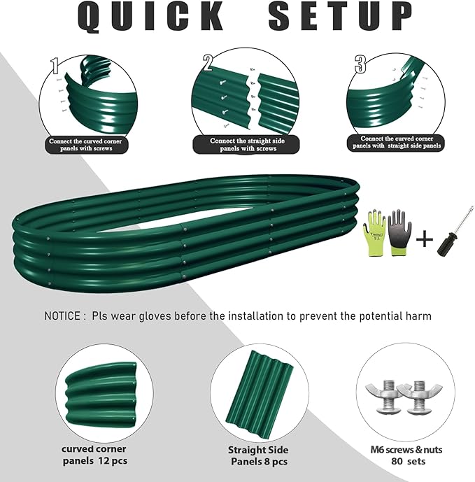 2 Pack 8x4x1FT Galvanized Raised Garden Bed Kit Oval Metal Ground Planter Box Outdoor Bottomless Planter Raised Beds for Vegetables Flowers Herbs Fruits, Green-HomvellaHome