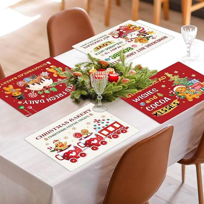 Gingerbread Christmas Placemats Set of 6 Gingerbread Candy Plastic Table Mats Hot Cocoa Place Mats Xmas Gnome Tree Washable Table Decoration for Indoor Outdoor Party Kitchen Dining-HomvellaHome