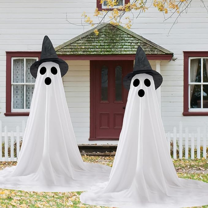 2 Packs Halloween Ghost Outdoor Decorations, 59” Light Up Ghost Decor with Remote Control, Adjustable Height Standing Halloween Lighted Ghost Kit with Witch Hat Ideal for Porch, Garden, Yard-HomvellaHome