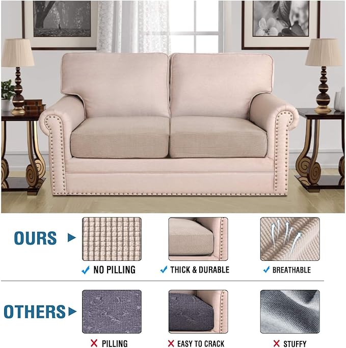 H.VERSAILTEX Super Stretch Individual Seat Cushion Covers Sofa Covers Couch Cushion Covers Slipcover Sets Thick Jacquard Textured Twill Fabric (2 Piece Medium Sofa Cushion Covers, Sand)-HomvellaHome