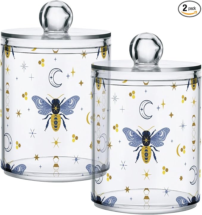 2 Pack Qtip Holder Organizer Dispenser Bee Boho Honeybee Insect Bathroom Storage Canister Cotton Ball Holder Container for Cotton Pads/Swabs/Floss-HomvellaHome