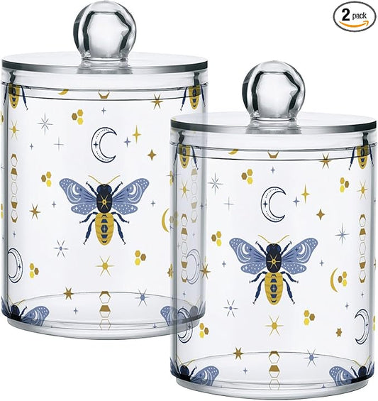 2 Pack Qtip Holder Organizer Dispenser Bee Boho Honeybee Insect Bathroom Storage Canister Cotton Ball Holder Container for Cotton Pads/Swabs/Floss-HomvellaHome