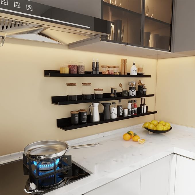 Giftgarden 47 Inch Black Floating Shelves Ledge, Wall Mount Long Picture Rail Large Woodgrain Photo Shelving for Living Room Bedroom Office, Set of 3 Different Sizes-HomvellaHome