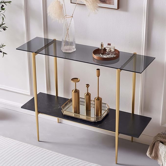 Glass Console Table for Living Room, Foyer & Entrance, 2-Tiers Mid-Century Modern Sofa Table with Grey Glass Top, Black Marble Finish Wood Shelf and Gold Finish Frame-HomvellaHome