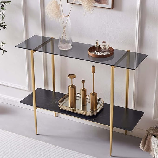 Glass Console Table for Living Room, Foyer & Entrance, 2-Tiers Mid-Century Modern Sofa Table with Grey Glass Top, Black Marble Finish Wood Shelf and Gold Finish Frame-HomvellaHome
