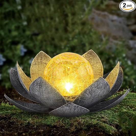 Garden Solar Light Outdoor(2Pack), Amber Crackle Globe Glass Lotus Decoration, Waterproof Gary Metal LED Flower Lights for Patio,Lawn,Walkway,Tabletop, Garden Gifts for Women-HomvellaHome
