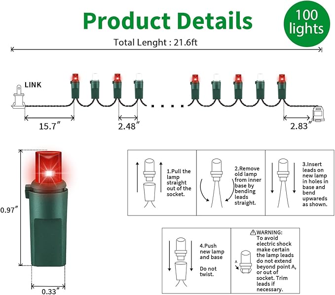 100 Count RED and White - String Lights - 21.6FT LED Christmas Lights, Mini led Lights for Indoor Outdoor Home Holiday Party Wedding Independence Day Decoration-HomvellaHome