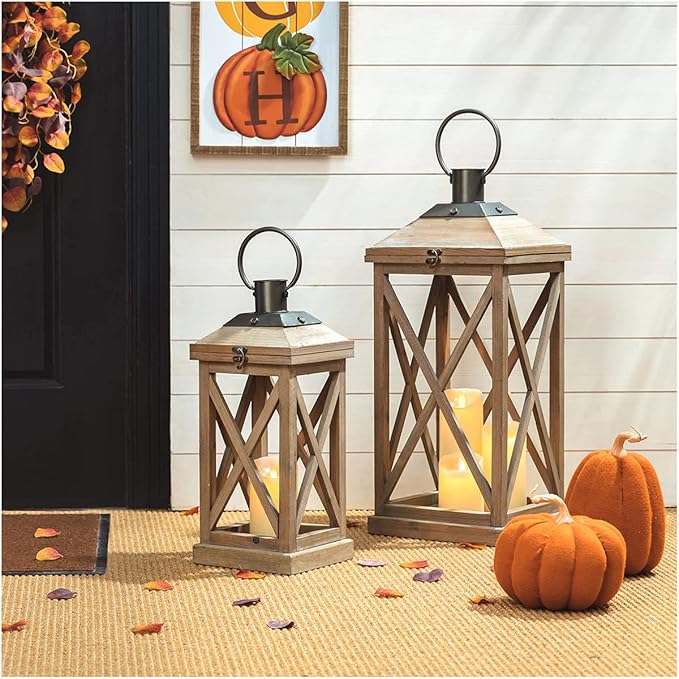 Glitzhome Mondern Farmhouse Wood Metal Lanterns Decorative Hanging Candle Lanterns Set of 2, Natural (No Glass)-HomvellaHome