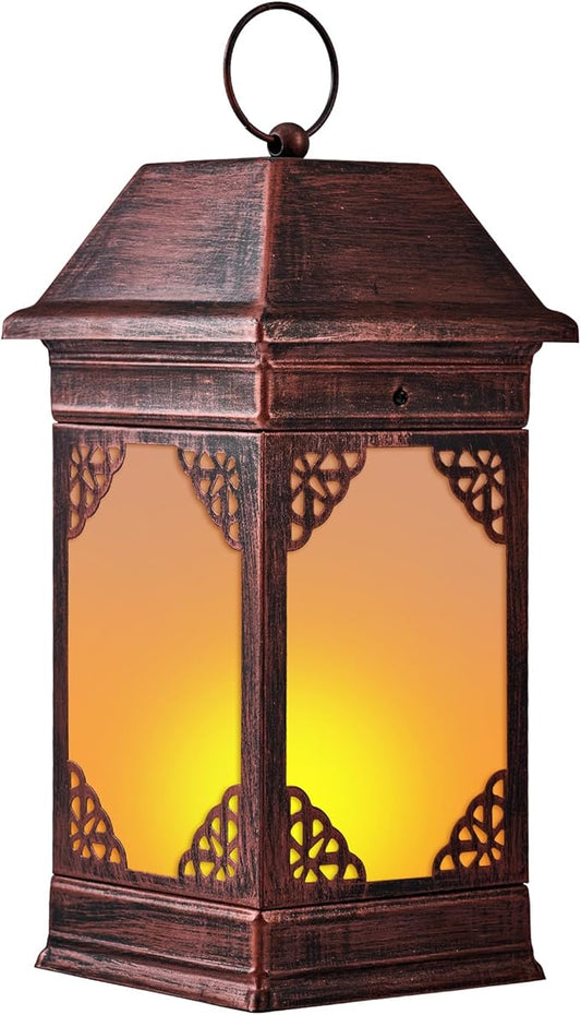 14" Solar Lanterns Outdoor Waterproof, Glass Flickering Flame Solar Lantern, Hanging Metal Lantern Decorative for Patio Front Porch Garden Backyard Tabletop Party Decoration-HomvellaHome