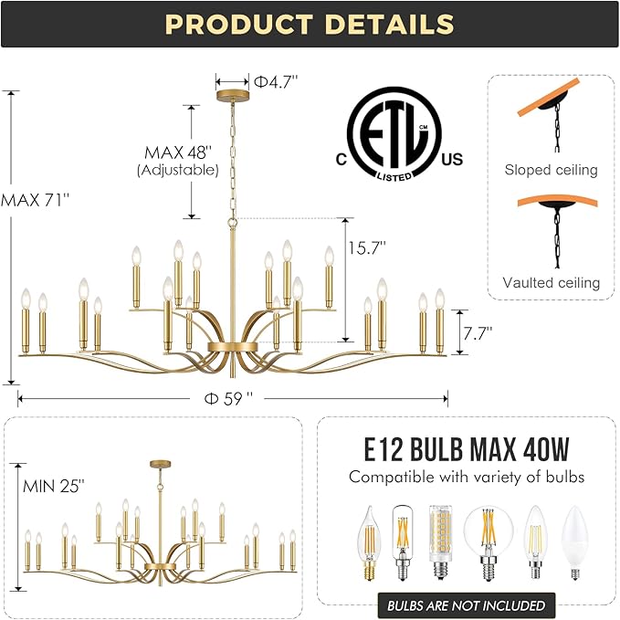 18 Light Gold Living Room Chandelier High Ceiling Foyer Candle Chandelier Large Modern Brass 59in Metal Chandeliers Hanging Light for Master Bedroom Dining Room Light Fixture Over Table-HomvellaHome