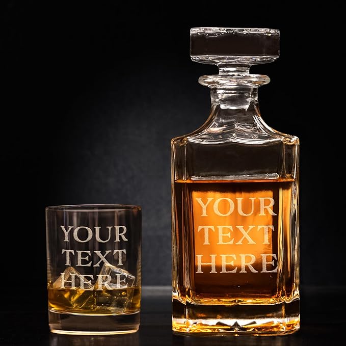 Gifts Inscribed Custom Text Whiskey Decanter & Glasses Set of 2 – Engraved Glass Cups Drinking Glasses Set of 2 – Personalized Whiskey Glasses Drinking Set – Customized Whisky Glassware Gift for Him-HomvellaHome