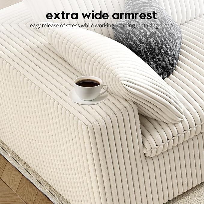 118" Cloud Couch Modular Sectional Sofa for Living Room,Modern Sofa with Deep Seat，3 Seater Boneless Couch,Comfy Upholstered Corduroy Couches for Apartment, Studio, Office,Bedroom，White-HomvellaHome