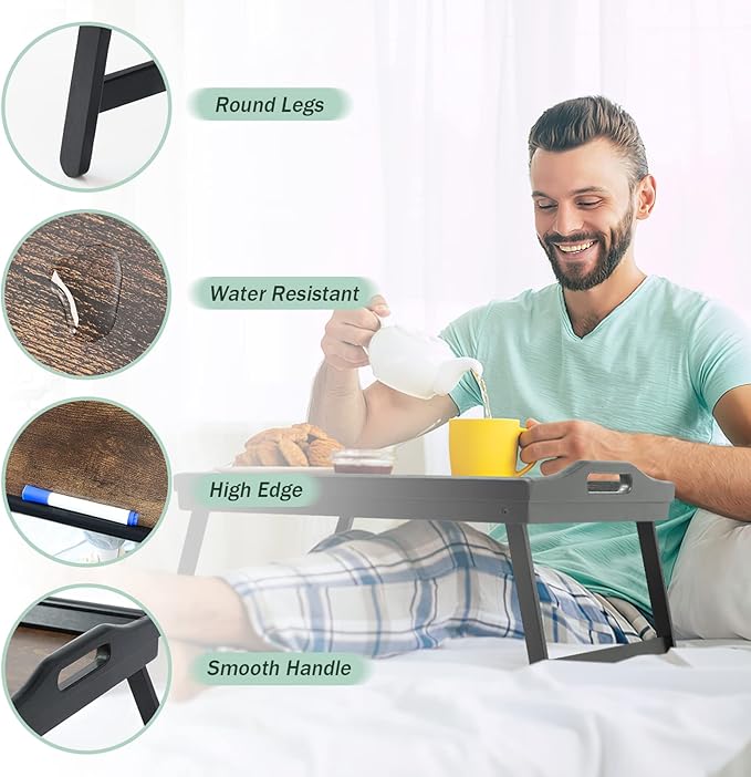 2 Pack Bed Tray Table Breakfast Trays Serving Tray Bamboo Bed Laptap Floding Legs with Handles and Phone Holders-HomvellaHome