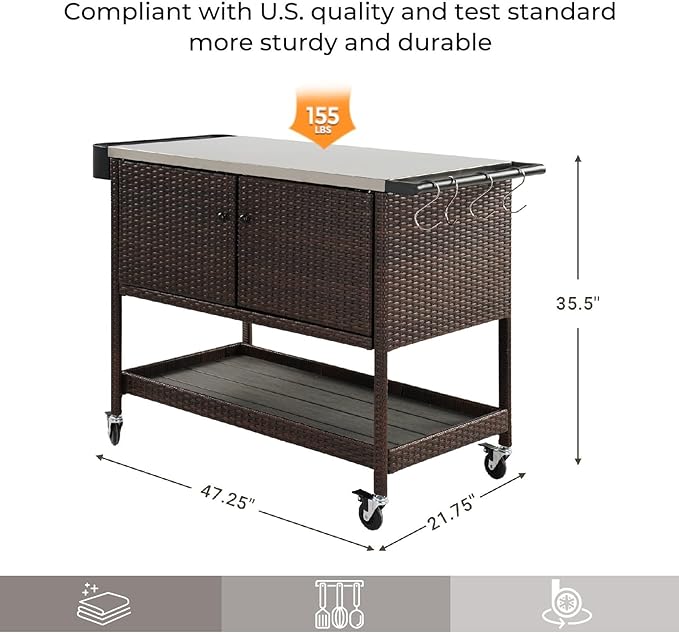 Grand patio Outdoor Wicker Bar Cart, Outdoor Bar Table with Stainless Steel Tabletop, Patio Kitchen Island Grill Cart with Storage Cabinet and 4 Hooks-HomvellaHome