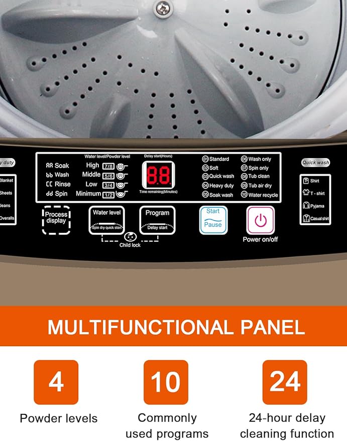 17.7 lbs Portable Washer Drain Pump, Full Automatic Washing Machine with LED Display, 10 Programs & 8 Water Levels Selections, Ideal for Camping, Apartment, Dorm, Glod-HomvellaHome