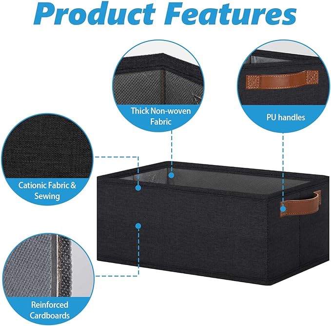 GhvyenntteS Small Fabric Storage Bins 6 Pack, 11.8" x 7.87" x 5.11" Storage Basket with Leather Handles, Closet Storage Bins for Shelves, Storage Baskets for Shelves, DVD Storage (Black)-HomvellaHome