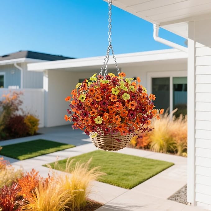 12 Bundles Artificial Fall Flowers Faux Mums for Outdoor Indoor, Artificial Plants Daisy Faux Plants Fake Mums for Fall Decor Pots Patio Garden Porch Autumn (Orange，Brown，Yellow) (12)-HomvellaHome