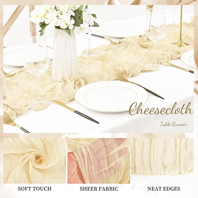 10FT 20 Pack Beige Cheesecloth Table Runner 20 x 120 Inch Long Rustic Gauze Fabric Cheese Cloth Table Runner for Wedding Bridal Baby Shower Table Decorations Boho Sheer Birthday Party Table Decor-HomvellaHome
