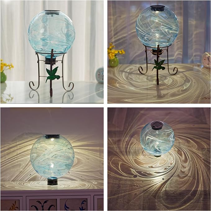 10 Inch Solar Glass Gazing Ball, with 9.4" Tall Metal Gazing Globe Stand, Solar Ball Lights Display Holder Set for Outdoor Garden Lawn Yard Decoration, Blue Water Ripple-HomvellaHome