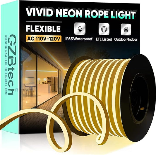 GZBtech Flexible LED Neon Rope Lights 82FT,AC 110-120V Waterproof Strip Light, 120 LEDs/M Cuttable Connectable Neon Lighting for Indoor Outdoor Home Decor/Commercial Building Use-Warm White 25M-HomvellaHome