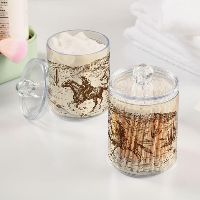 2 Pack Qtip Holder Organizer Dispenser Western Desert Cowboy Bathroom Storage Canister Cotton Ball Holder Container for Cotton Swabs/Pads/Floss-HomvellaHome