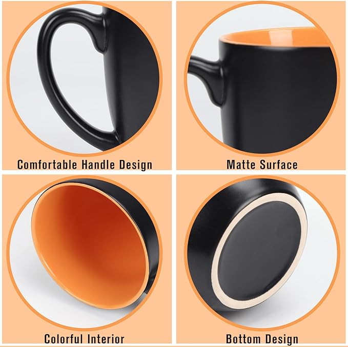 16 OZ Stoneware Coffee Mug Set of 6, Black Ceramic Mug with Different Color Inside, Colorful Porcelain Mug with Handle for Latte Espresso Cappuccino-HomvellaHome