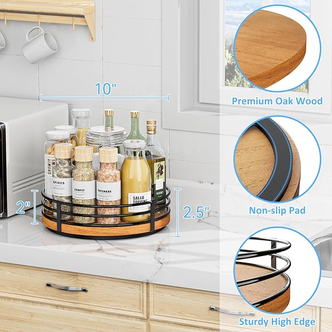 10" Lazy Susan Turntable Organizer - Wood Round Lazy Susan for Cabinet Kitchen Countertop Dining Table Pantry Cupboard Bathroom Coffee Bar Storage Home Decor-HomvellaHome
