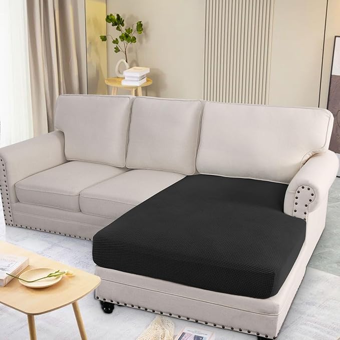 H.VERSAILTEX Super Stretch Individual Chaise Cover Sectional Couch Covers for L Shaped Sofa Both Left/Right Featuring Thick Jacquard Textured Twill Fabric (1 Piece Chaise Cover Large, Black)-HomvellaHome