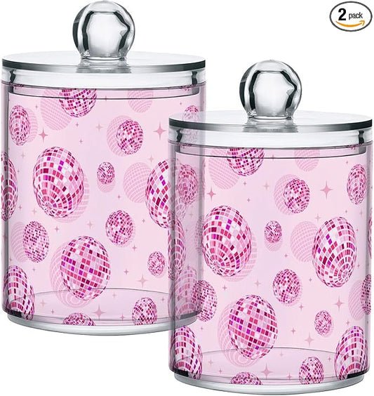 2 Pack Qtip Holder Organizer Dispenser Disco Balls Pink Bathroom Storage Canister Cotton Ball Holder Container for Cotton Pads/Swabs/Floss-HomvellaHome