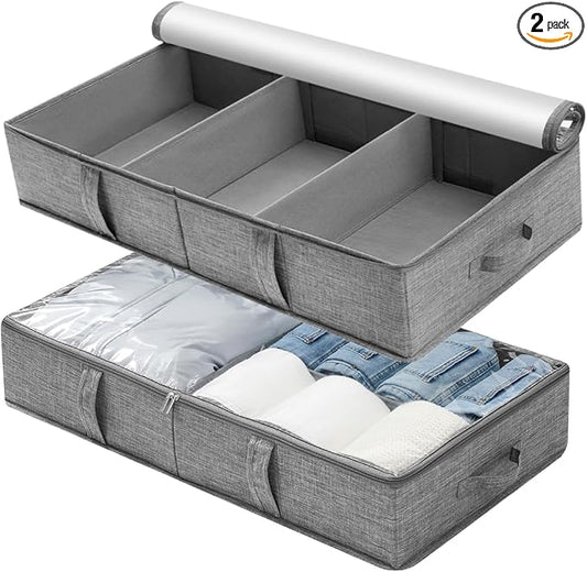 2 Packs Under Bed Storage Containers, Foldable Clothes Draw Organizers with Adjustable Dividers, Handles, Clear Window, Closet Storage Bins for Clothing, Shoes, Blankets-HomvellaHome