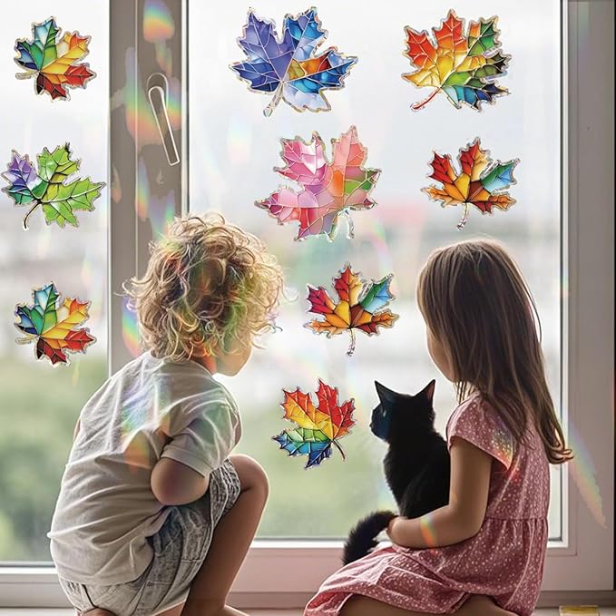 14pcs Window Decals for Bird Strikes, Anti Collision Window Clings, Rainbow Reflection Window Sticker, Maple Leaf Style Sun Catcher Stickers for Glass Windows-HomvellaHome