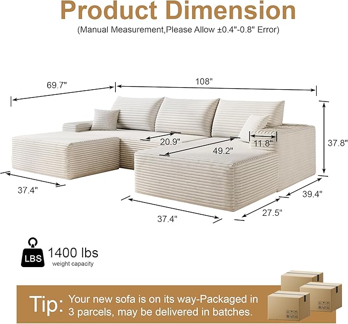 108" Sectional Couches for Living Room Modern Modular Sofa with L-Shape Couchs Upholstered Boneless Couch Deep Seat Sectional Couch with Chaise (White, Right Facing Chaise+2Seaters+1Ottoman)-HomvellaHome