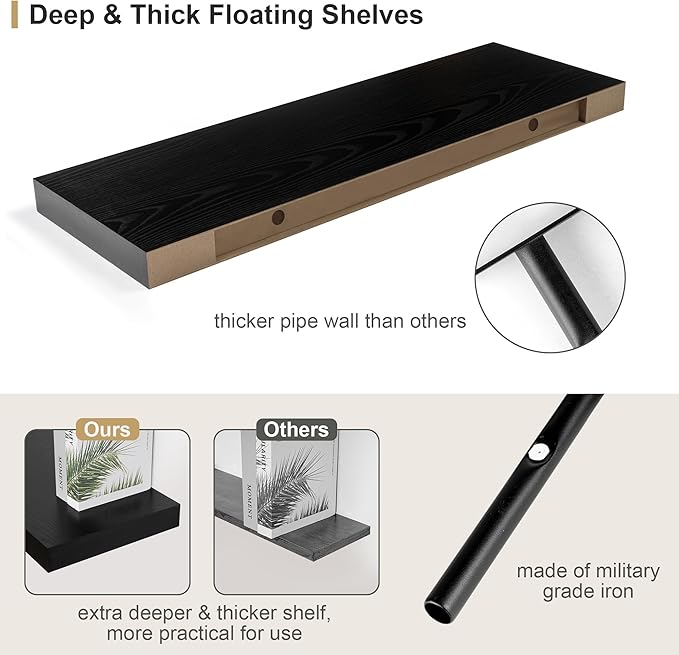 12" Deep Black Floating Shelves,Over Toilet Long Wall Mounted Modern Farmhouse 36 inches,Wall Shelves with Invisible Brackets for Bedroom, Bathroom, Living Room, Kitchen, Set of 1-HomvellaHome