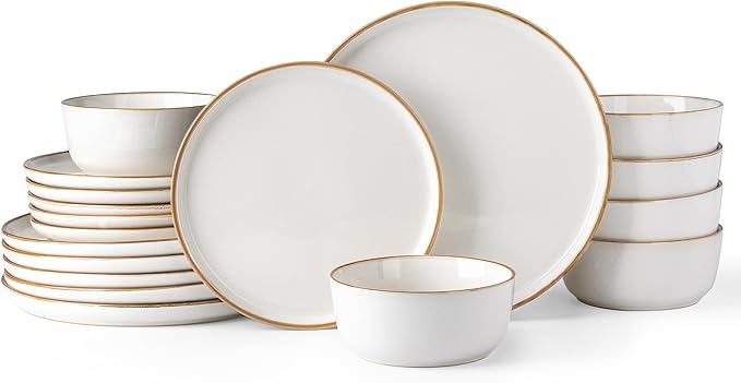 GBHOME Ceramic Dinnerware Sets for 6, 18 Pieces Stoneware Plates and Bowls Sets, Scratch Resistant Dishes, Dishwasher & Microwave Safe, Reactive Glaze-White-HomvellaHome