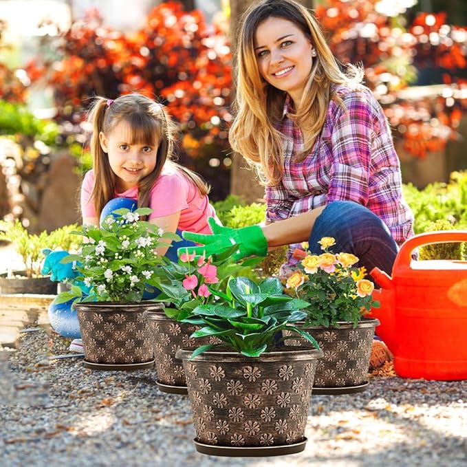 12 Inch Planter Pots for Plants, Plastic Large Flower Pots Indoor Outdoor, 4 Pack Resin Plant Pot with Drainage & Saucer, Retro Decorative Garden Pot with Removable Trays for House-HomvellaHome