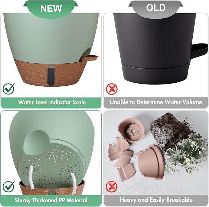 12/10/8 Inch Self Watering Pots for Indoor Plants Plastic Large Plant Pot for Outdoor Plants, Water Level Window & Spacious Reservoir Flower Pots Decorative Planter with Drainage and Tray (Green)-HomvellaHome